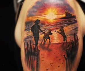 Sunset on the beach tattoo Jesse Rix More The Beach Tattoo, Beach Scene Tattoo, Anthony Tattoo, Wrist Tatoo, Beachy Tattoos, Dog Portrait Tattoo, Pet Tattoos, Photo Realism Tattoo