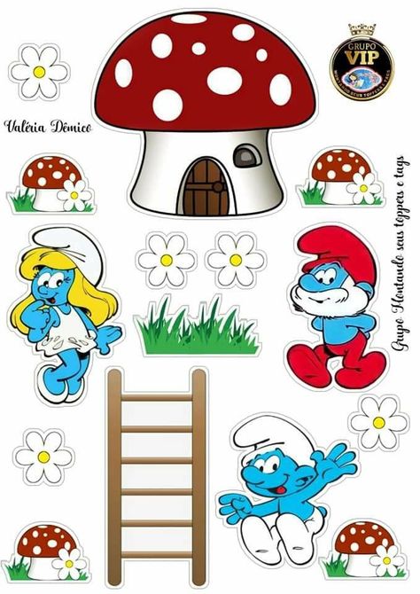 Smurfs Cake Topper Printable, Strumfovi Cake, Smurfs Party Printables, Smurfs Party Decorations, Smurfs Drawing, Smurfs Cake, Smurfs Party, Craft Ideas Paper, Smurf Village