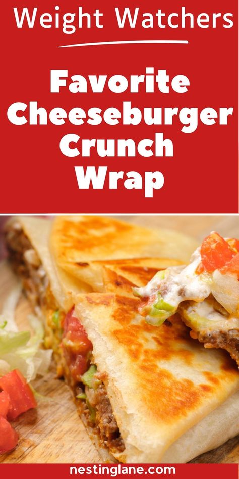 Enjoy all the flavors of a cheeseburger in a lighter, healthier way with this Weight Watchers Cheeseburger Crunch Wrap! This recipe combines a crispy toasted tortilla, juicy lean ground beef, melted cheddar, and fresh veggies for a satisfying meal that’s perfect for lunch or dinner. It’s an easy-to-make option that lets you indulge in a classic taste without the guilt. Whether you're watching your points or just want a delicious, quick meal, this crunch wrap is a tasty choice you’ll love. Weight Watchers Cheeseburger Crunch Wrap, Weight Watchers Wraps Lunches, Weight Watchers Lunch Ideas Easy, Ground Beef Weight Watchers Recipes, Cheeseburger Crunch Wrap, Crunch Wrap Recipe, Toasted Tortilla, Weight Watcher Wraps, Low Points Weight Watchers