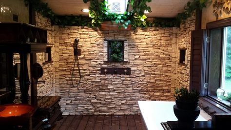 beautiful shower with sky light Waterproof Bathroom Wall Panels, Rock Siding, Faux Stone Wall Panels, Faux Stone Veneer, Stone Veneer Panels, Brick Wall Paneling, Faux Stone Walls, Brick Interior Wall, Stone Wall Panels