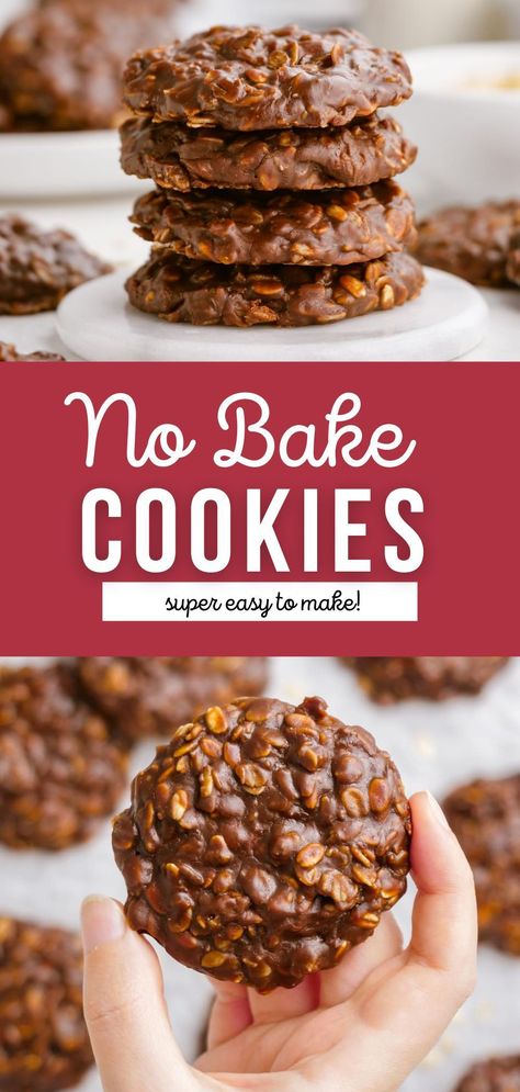 These No-Bake Cookies are the perfect dessert when you’re short on time. You just need a pot, a stovetop, and a few basic ingredients, and voila… 10 minutes to a whole batch of awesome delectable cookies. The flavor of these is to die for: chocolate, creamy peanut butter, and old-fashioned oats, a classic combination! (A deadly combination, in my opinion). No Bake Coconut Cookies, Oats Peanut Butter, Easy No Bake Cookies, Old Fashioned Oats, Peanut Butter And Chocolate, Baking Recipes Cookies, Best Peanut Butter, Oat Cookies, Chewy Chocolate Chip