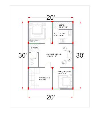 20x30 House Plans 2 Bedrooms, 30x20 House Plans, 600 Sqft House, 800 Sq Ft House, 20x30 House Plans, Single Storey House Plans, 20x40 House Plans, 2 Storey House, 2 Bedroom House Plans