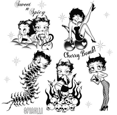 Bettie Boop Tattoo, Betty Boop Tattoo Stencil, Betty Boop Angel Tattoo, Cartoon Flash Tattoo, Betty Boop Tattoo Ideas, Betty Boop Wallpapers, Betty Boop Aesthetic, Playboy Tattoo, Betty Boop Tattoo