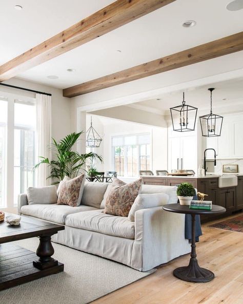 Wood Beam Family Room, Beans In Living Room, Flat Ceiling Beams Living Room, Beams In Small Living Room, Wood Beams Open Concept, Wood Beam Living Room Ceiling, Inset Ceiling With Beams, Family Room Wood Beams, Encased Opening Living Room