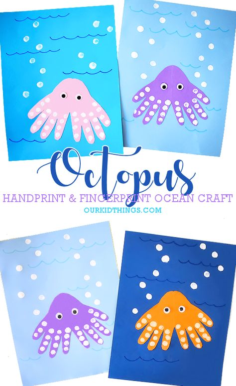 Handprint Ocean Crafts, Octopus Crafts For Preschoolers, Octopus Projects For Kids, Octopus Craft Kindergarten, Ocean Life Crafts For Toddlers, Octopus Footprint Art, Daycare Summer Crafts, Preschool Octopus Craft, Octopus Handprint Craft