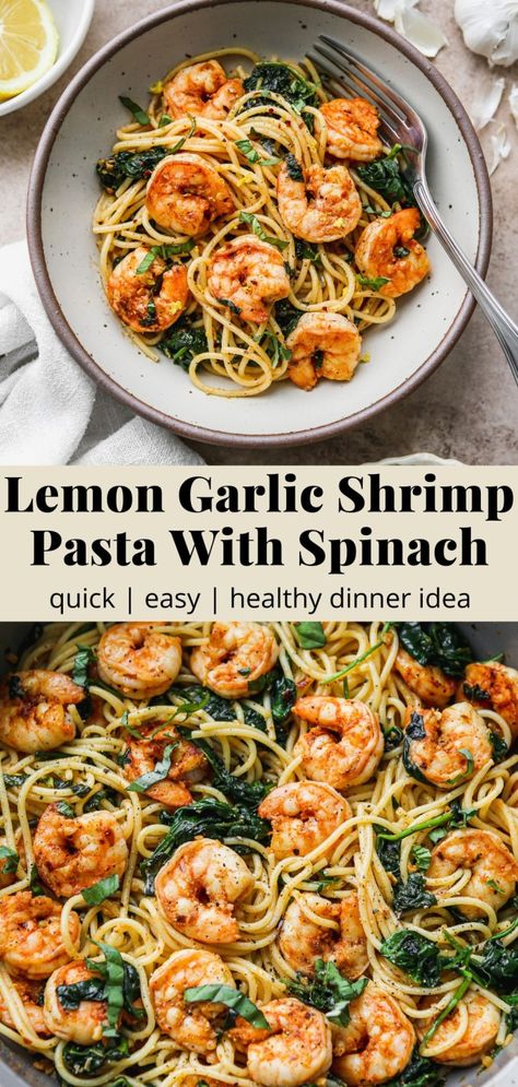 Lemon Garlic Shrimp Pasta With Spinach | Walder Wellness, RD Lemon Garlic Shrimp Pasta, Pasta With Spinach, Garlic Shrimp Pasta, Lemon Garlic Shrimp, Shrimp Recipes Healthy, Shrimp Recipes For Dinner, Spinach Recipes, Healthy Food Dishes, Health Dinner