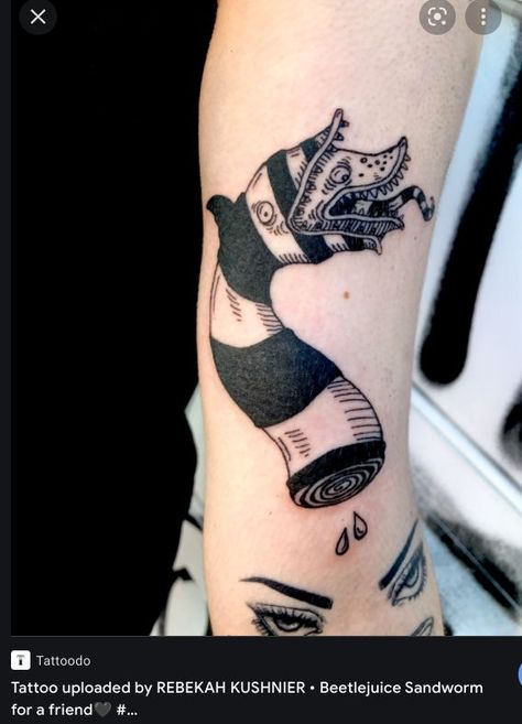 Beetlejuice Snake Tattoo, Sandworm Tattoo, Beetlejuice Snake, Sand Snake, Beetlejuice Tattoo, Gothic Tattoos, Optical Illusion Tattoos, Illusion Tattoos, Around Arm Tattoo