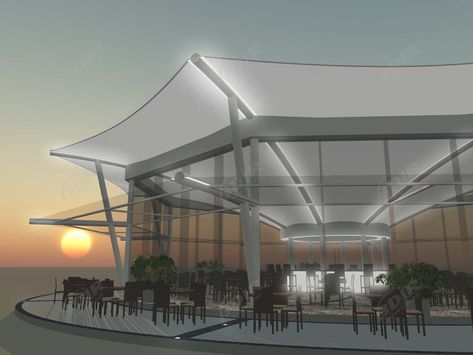 China Tensile Structures for Restaurant | Open Air Food Court Canopies, Shades, Roof supplier Tensile Roof, Food Court Design, Open Air Restaurant, Tensile Structures, Commercial Complex, Architecture Design Drawing, Restaurant Architecture, Roof Structure, Civic Center