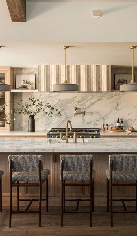 Katie Hodges Kitchen, Extravagant Kitchens Luxury, Prep Sink In Pantry, Bell Shaped Hood Kitchen, Range Hood Above Island, Farmhouse Kitchen Bar Ideas, Luxe Modern Kitchen, Different Style Kitchens, Natural Style Kitchen