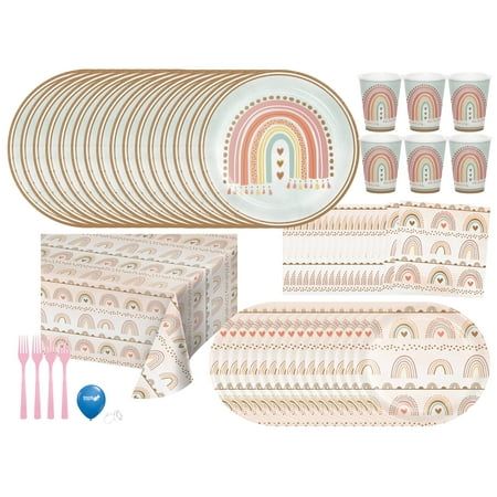 Throw an elegant Boho Rainbow Party with these Boho Rainbow tableware and decorations. Boho Rainbow party supplies are great for Boho Baby Showers and Boho Birthday parties. User for girl parties, boy parties, boy baby showers, girl baby showers, and 1st birthday parties. Size: Table Set for 16.  Color: White. First Birthday Boho Rainbow Theme, Muted Rainbow Baby Shower Ideas, Rainbow Boho Baby Shower Ideas, Boho Birthday Party Girl, Onederful Birthday Party Girl, Boho Birthday Decorations, Rainbow Plates, Rainbow Baby Shower Theme, Boho Rainbow Birthday Party