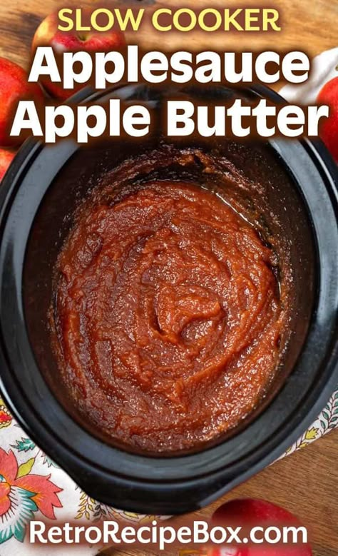 Slow Cooker Applesauce Apple Butter is a delicious and convenient way to make sweet, Autumn spiced homemade apple butter in your crock pot. retrorecipebox.com #applebutter #crockpot #slowcooker Apple Butter Recipe Using Applesauce, Apple Butter Recipe Crockpot, Applesauce Apple Butter, Recipe Using Applesauce, Crockpot Apple Butter, Canned Applesauce, Slow Cooker Applesauce, Apple Butter Crock Pot, Slow Cooker Apple