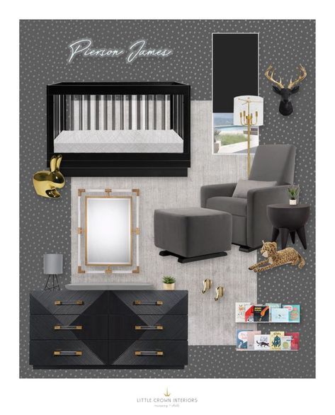 Black White Grey Nursery, Black And Gray Nursery, Black And Grey Nursery, Gray And Gold Nursery, Black And Gold Nursery, Black Nursery Furniture, Gold Baby Crib, Moody Nursery, Baby Cook