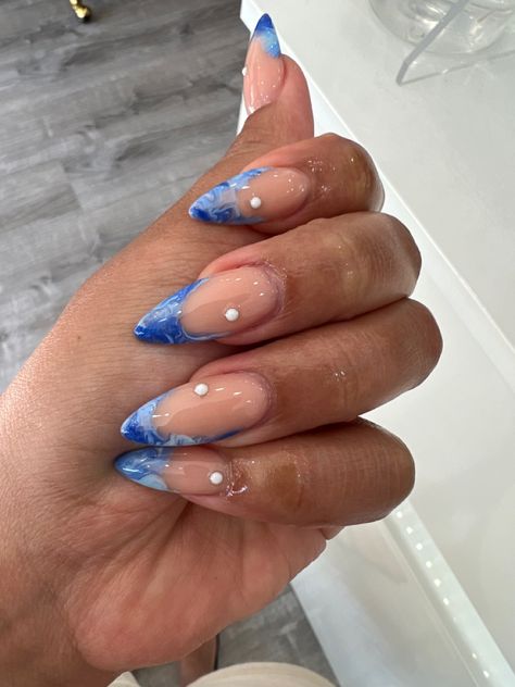 Water French Tip Nails, Blue French Pedicure, Blue French Tip With Pearls, Blue Pearl French Nails, Summer Nails Dark Blue, Blue Nails Pearl, Marble Almond Nails, Minimal Blue Nails, Ocean French Tip Nails