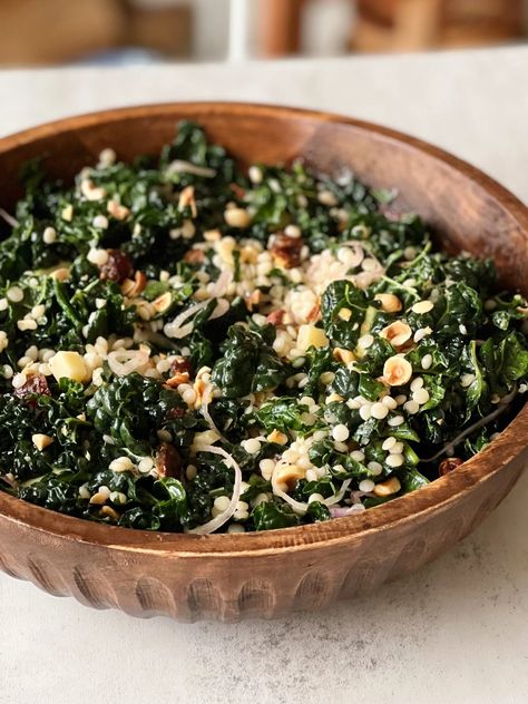 Kale Couscous Salad with Dates and Hazelnuts - Something Nutritious Winter Couscous Salad, Something Nutritious, Kale Couscous, Salad With Dates, Artichoke Salad, Side Salads, Kale Recipes, College Meals, Parmesan Pasta