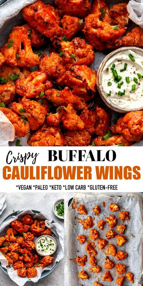 These Crispy Buffalo Cauliflower Wings are easy to make in the oven and air fryer and come out super crispy and delicious you get from fried buffalo chicken wings. They are the perfect low carb, keto and paleo comfort food and make the perfect healthy snack, side and appetizer for Super Bowl Sunday and all your game day parties! These air fried cauliflower bites are a must for Super Bowl or any big game day. #lowcarb #keto #vegan #superbowl #airfryer #cauliflower #buffalo Airfryer Cauliflower, Vegan Superbowl, Buffalo Cauliflower Wings, Buffalo Cauliflower Recipes, Buffalo Cauliflower Bites, Cauliflower Wings, Keto Vegan, Buffalo Cauliflower, Cauliflower Bites