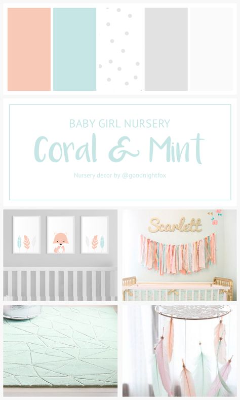 Mint Nursery Girl, Mint Green Nursery, Coral Baby Girl Nursery, Nursery Color Palette, Turquoise Nursery, Nursery Color, Nursery Color Scheme, Mint Nursery