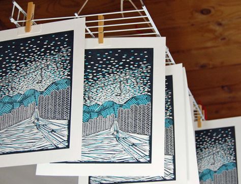 Ski Linocut and Print Drying Rack Linocut Tutorial, Linocut Tools, Linocut Artists, Art Studio Storage, Screen Printing Studio, Printmaking Supplies, Diy Screen Printing, Relief Printmaking, Art Studio Space