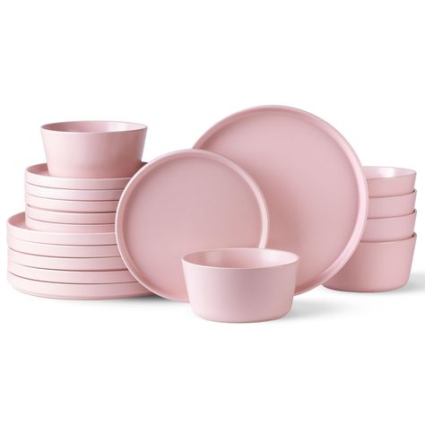 PRICES MAY VARY. HEALTHY & EXCELLENT VALUE : These dinnerware set are made of degradable clay making it free of lead and cadmium, NO need to worry about harmful substance leaching into your drinking and food, Twice fired premium ceramic make it sturdy, durable and chip-resistant for long use. LEAD-FREE FOR YOUR SAFETY: Your health is our top priority! Unlike other ceramic companies, our glazes are lead-free. The plates are made of biodegradable materials, and the glaze is all-natural. After bein Cute Tableware Set, Pink Glass Plates, Pink Dishes Aesthetic, Kitchen With Pink Accessories, Pink Dinnerware Set, Pink House Stuff, Pink Dishware, Pastel Dishes, Kitchen Plates Set