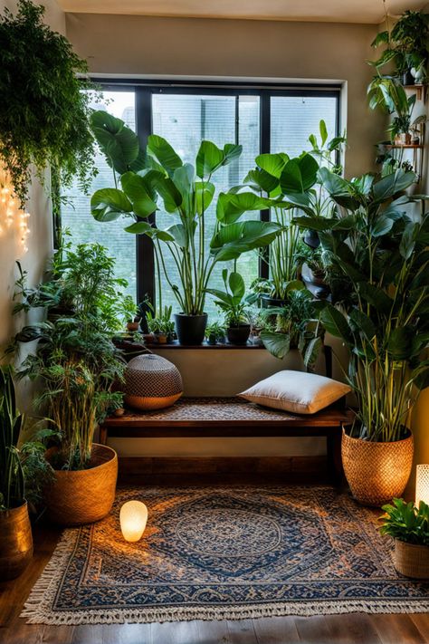 low light plants in a meditation room with no sunlight Meditation Porch Ideas, Lighting For Plants Indoor, Zen Plants Indoor, Plant Nook Ideas, Meditation Nook Small Spaces, Small Meditation Corner In Bedroom, Bedroom Plants Aesthetic, Small Meditation Corner, Meditation Corner Ideas