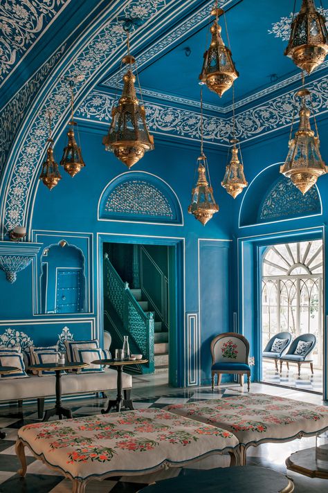 Look Inside 7 Dazzling Indian Palaces Photos | Architectural Digest Dekorasi Maroko, Arsitektur Masjid, Indian Interiors, Blue Room, Versace Home, Indian Architecture, Palace Hotel, Moroccan Decor, Home Modern