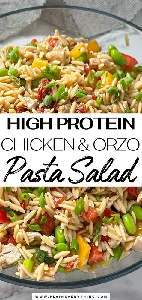 High Protein Orzo Pasta Salad Recipe Easy Meal Prep Lunches Cold, Pasta Meal Prep Lunch, Chicken Orzo Pasta Salad, Healthy High Protein Salads, Lunch Meal Prep Ideas High Protein, Pasta Salad Lunch Meal Prep, Meal Prep For The Week Pasta, High Protein Orzo Recipes, Cold Protein Lunch Ideas