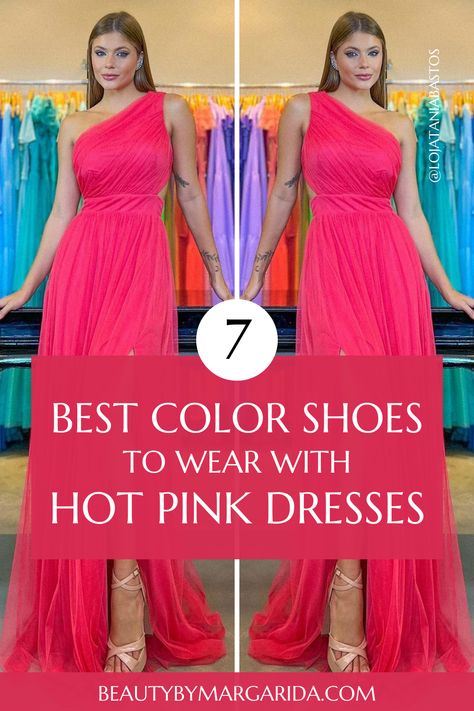 Not sure what color shoes to wear with a hot pink dress? Check out our guide to find the perfect shoes to complement your hot pink dress, whether for a wedding or a laid-back party! Prom Shoes For Pink Dress, Styling Hot Pink Dress, Bright Pink Dress Outfit Wedding, Fushia Pink Dress Outfit Classy, Hot Pink Dress Wedding Guest, Shoes For Hot Pink Dress, Pink Dress Wedding Guest Outfit Ideas, Hot Pink Dress Accessories, Fuschia Dress Outfit Wedding