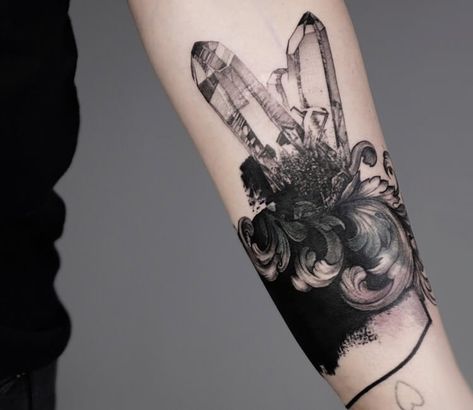 Crystals tattoo by Minervas Linda Geology Tattoo, Crystals Tattoo, Crystal Tattoos, Stone Tattoo, Skull With Flowers, Crystal Tattoo, Wolf Skull, Witch Tattoo, Realistic Tattoo