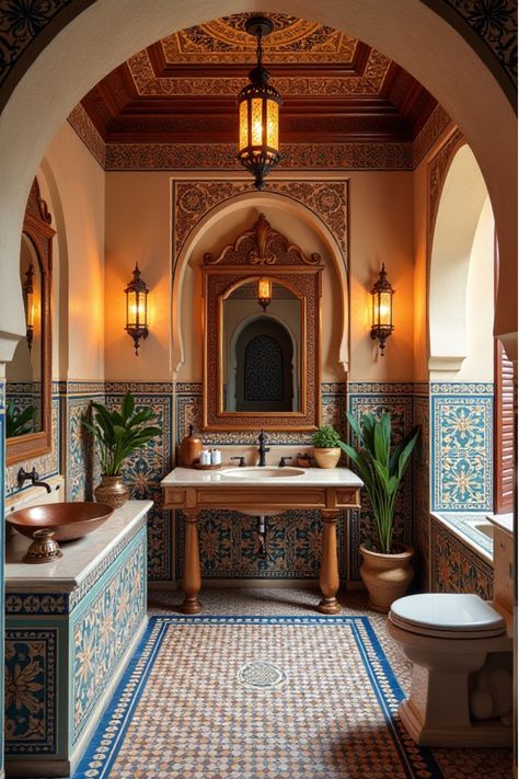 Opulent Moroccan-inspired bathroom featuring intricate tilework and copper accents Moroccan Bathhouse, Moroccan Style Bathroom, Lavish Bathroom, Bathroom Amenities, Sanctuary Decor, Luxury Bathroom Inspiration, Moroccan Bath, Moroccan Bathroom, 1001 Nights