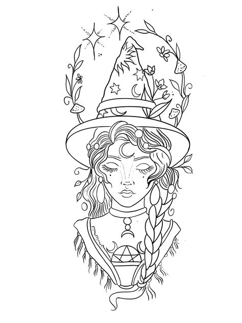 Witch Drawing Ideas, Witchy Drawing Ideas, Drawing Ideas Simple, Traditional Tattoo Designs, Mexican Art Tattoos, Witch Drawing, Witch Coloring Pages, Adult Coloring Designs, Halloween Artwork