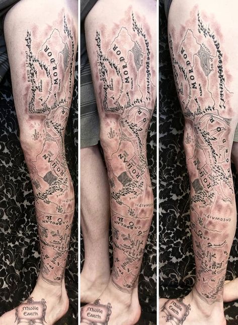 Map Of Middle Earth Is Complete Swedish Tattoo, Lotr Tattoo, Lord Of The Rings Tattoo, Earth Tattoo, Middle Earth Map, Full Leg Tattoos, Map Tattoos, Epic Tattoo, Omerta Tattoo