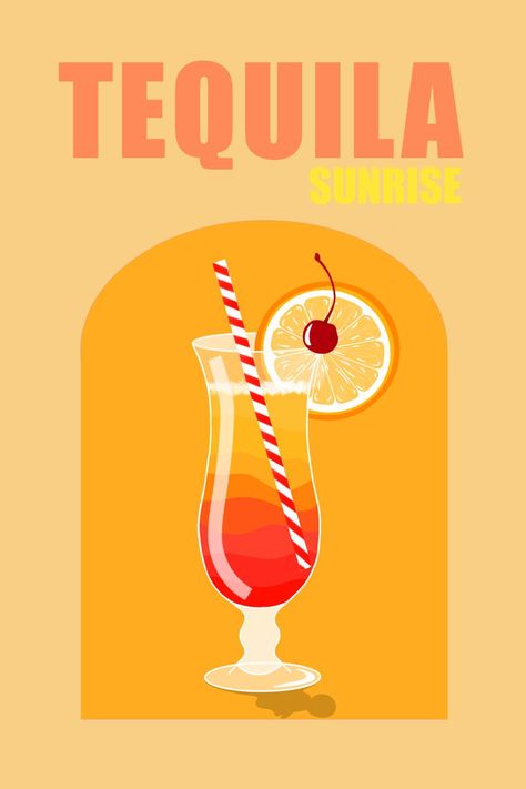 Alcohol Wall, Cocktail Illustration, Sunrise Art, Vintage Poster Design, Cute Canvas Paintings, Cocktail Art, Living Room Prints, Tequila Sunrise, Picture Collage Wall