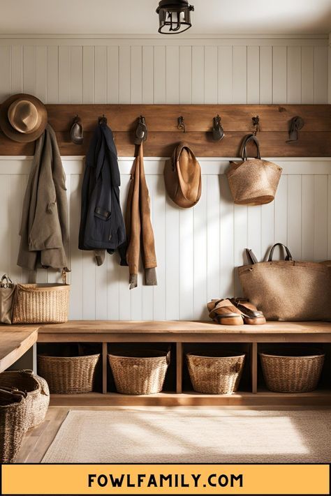 Obsessed with shiplap? You'll love these 25 farmhouse mudroom ideas! We've gathered the most stunning shiplap designs that'll give your entryway that coveted farmhouse look. From floor-to-ceiling planks to accent walls, these ideas will make your heart skip a beat! Shiplap Wall In Entryway, Stairway Mudroom Entryway, Front Porch Mud Room Ideas, Entryway Vertical Shiplap, Entryway Remodel Ideas, Farm Entryway Ideas, Farmhouse Drop Zone, Entryway With Shiplap, Coat Hook Ideas Entryway