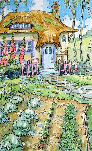 Spring Garden Two Alida Akers, Water Color Pencil, Cottage Painting, Stone Cottages, Summer Deco, Embroidery Hoop Wall Art, Storybook Art, Garden Illustration, Storybook Cottage