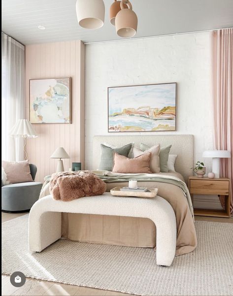 Beddies Bedding, Simple Bedroom With Pops Of Color, Colorful Modern Bedroom Aesthetic, Muted Pastel Bedroom, Neutral Colorful Bedroom, Muted Colorful Bedroom, Colorful Neutral Bedroom, Colorful Clean Bedroom, Neutral Bedroom Decor With Pop Of Color