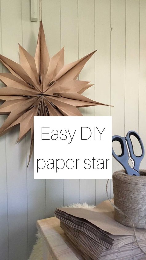 Brown Paper Bag Stars Diy, String Snowflakes Diy, Brown Bag Snowflake Diy, Big Paper Stars Diy, Diy Paper Bag Snowflakes, Paper Bag Stars Diy Pattern, Brown Paper Snowflakes, Wrapping Paper Ornaments, Paperbag Stars Brown Bags