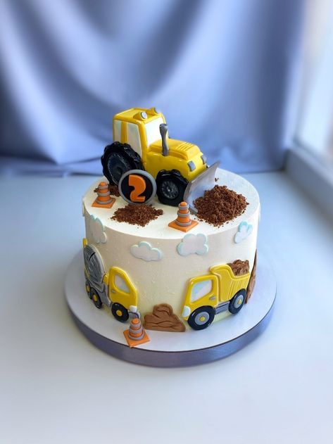 Construction Cake 2nd Birthday, Tonka Birthday Cake, Escavator Cakes For Boys, Cake With Excavator, Birthday Cake For Boys 2nd, Cake With Cars Boys, Vehicle Cakes For Boys, Cake For 3 Year Boy, Birthday Cake 2 Year Boy