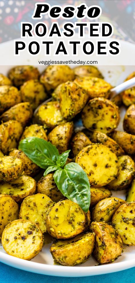 Pesto Roasted Potatoes are a delicious side dish you can enjoy hot or cold. First small sliced yellow potatoes are coated with pesto and baked until tender. Then they're tossed in additional pesto for even more fresh and zesty flavor. So delicious and easy to make! Ham Dinner Side Dishes, Roasted Red Skin Potatoes, Vegan Mediterranean Diet, Roasted Baby Red Potatoes, Classic Dinners, Juicy Ham, Soak Beans, Oven Roasted Red Potatoes, Crockpot Vegetable