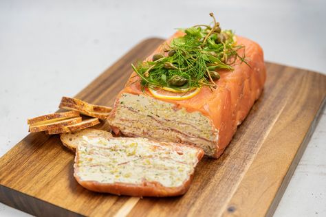 Smoked Salmon and Leek Terrine — Everyday Gourmet Cheese Terrine, Smoked Salmon Terrine, Salmon Terrine, Croation Recipes, Caper Berries, Salmon Cream Cheese, Sliced Baguette, How To Cook Fish, Latest Recipe