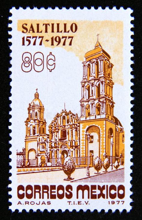 Postage stamp Mexico, 1977. Cathedral of Saltillo building stock images Mexican Pictures, Ipad Essentials, Postage Stamp Design, Life Drawing Reference, Postage Stamp Art, Vintage Postage Stamps, Stamp Printing, Vintage Postage, Shirt Print Design