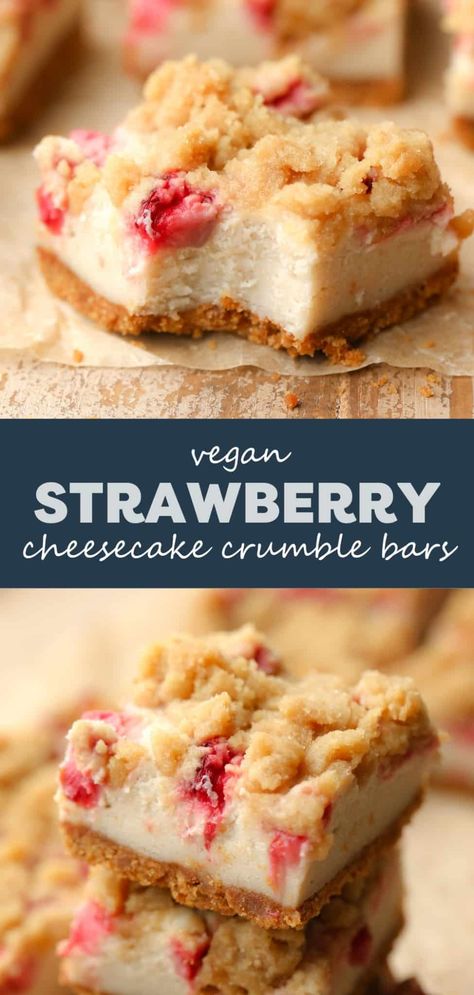 Craving strawberry cheesecake AND strawberry crumble? These Vegan Strawberry Cheesecake Crumble Bars have the best of both worlds! Rich, creamy, and sweet, they’re a wonderful dessert for any celebration. Creamy Vegan Cheesecake, Vegan Cherry Cheesecake, Vegan Cheesecake Bars, Vegan Strawberry Recipes, Vegan Mini Cheesecake, Strawberry Crumble Cheesecake, Vegan Strawberry Dessert, Vegan Summer Desserts, Quick Vegan Dessert