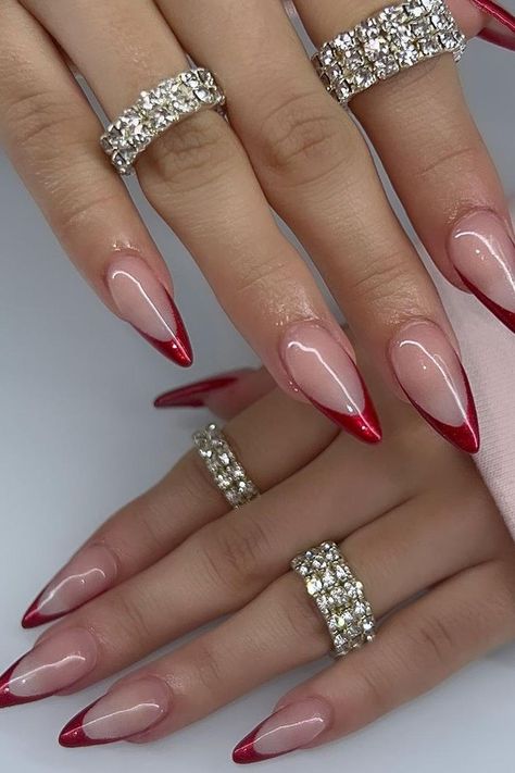 Red And Nude Nail Designs, Almond Nails Red French Tip, Red Chrome Nails Designs, Lexi Nails, Almond Nails Red, Red Chrome Nails, Red Stiletto Nails, Red Tips, French Tip Design