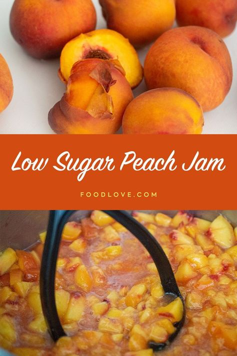 Low Sugar Peach Jam Recipe Canning, Sugar Free Peach Jam Recipe, Sugar Free Peach Jam, Low Sugar Peach Jam, Homemade Peach Jam, Healthy Jam, Peach Freezer Jam, Jam Homemade, Fruit Butters