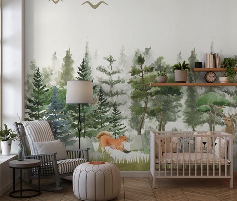 Forest Murals, Evergreen Wall, Daydream Wallpaper, Woodland Mural, Room Watercolor, Safari Wallpaper, Forest Mural, Peel And Stick Wall Mural, Watercolor Forest