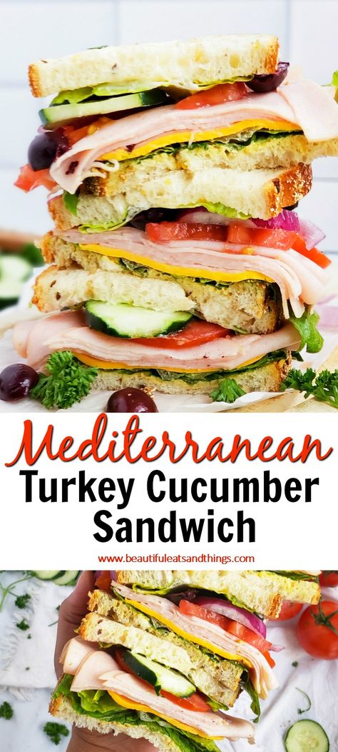 Cucumber And Turkey Sandwiches, Medditeranean Sandwich, Turkey Cucumber Sandwich, Mediterranean Diet Sandwich Recipes, Cucumber Hummus Sandwiches, Mediterranean Turkey Recipes, Mediterranean Diet Sandwiches, Mediterranean Sliders, Mediterranean Lunch Ideas For Work