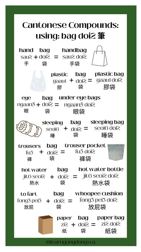 Cantonese Compounds using bag doi2 袋. #learncantonese #cantonese #cantoneselearning #cantonesevocab #languagelearning #compoundwords #vocab #learngongdongwa Learning Mandarin Beginner, Basic Mandarin, Cantonese Language, Chinese Grammar Structure, Learn Cantonese, Chinese Lessons Learn Mandarin, Chinese Mandarin, Learning Chinese, Learn Languages