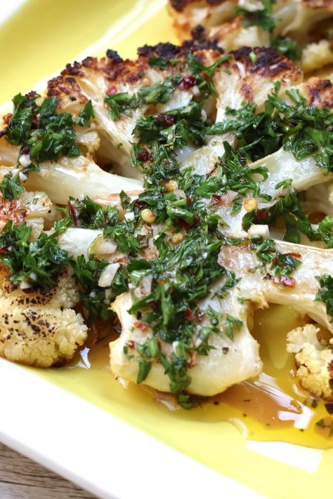 Roasted Cauliflower Steaks With Chimichurri Cauliflower Steak Recipes, Cauliflower Slices, Meatless Entrees, Cauliflower Steaks Recipes, Cauliflower Steak, Roasted Cauliflower Steaks, Chimichurri Recipe, 5 Ingredient Dinners, Red Pepper Sauce