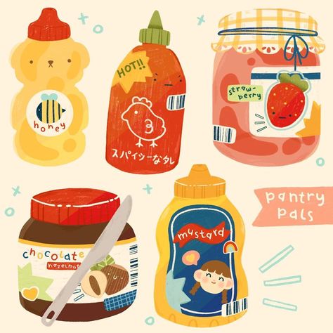 peachy pal🍑 on Instagram: “some lil pals that live in ur pantry🥫🍯” Sweet Sticker, Pastel Illustration, 귀여운 음식 그림, Food Drawings, Cute Food Drawings, Cute Food Art, Food Drawing, Aesthetic Stickers, Food Illustrations