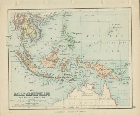 1895, Map, Malay Archipelago, South East Asia, Victorian Antique Map, World Map Page 29, School Atlas Archipelago Map, South East Asia Map, Malay Archipelago, Malay Culture, Asia Map, Map World, Travel Journal Ideas, Country Maps, South East Asia