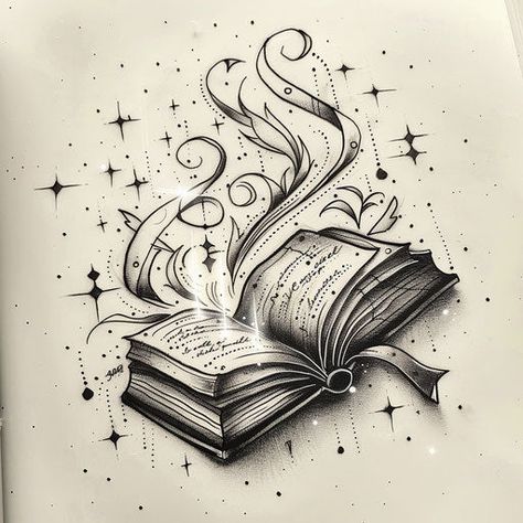 Magic Detailed Tattoo Designs Mystic Ball Tattoo, Charmed Tattoos, Small Bookish Tattoos, Magic Potion Bottles Drawing, Mystic Tattoo Magic, Magic Book Drawing, Grimoire Tattoo, Neotrad Tattoo Design, Magic Tattoo Ideas