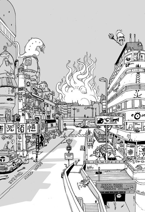 lowroughkingcity by royalboiler on DeviantArt Brandon Graham, Architecture Series, City Comic, King City, Black And White Comics, My King, City Background, Comic Style Art, Detective Story